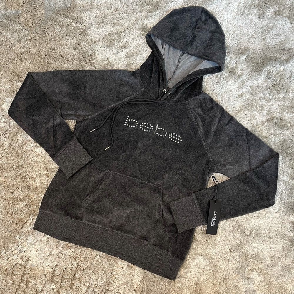 BEBE Grey Velour Silver Studded Logo Sweatshirt with Hood Size Large NWT